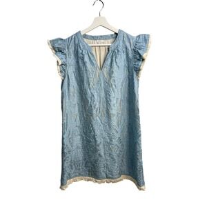 VOY Blue Textured Ruffle Sleeve Mini Dress Fringe Minimalist Boho‎ Size Medium